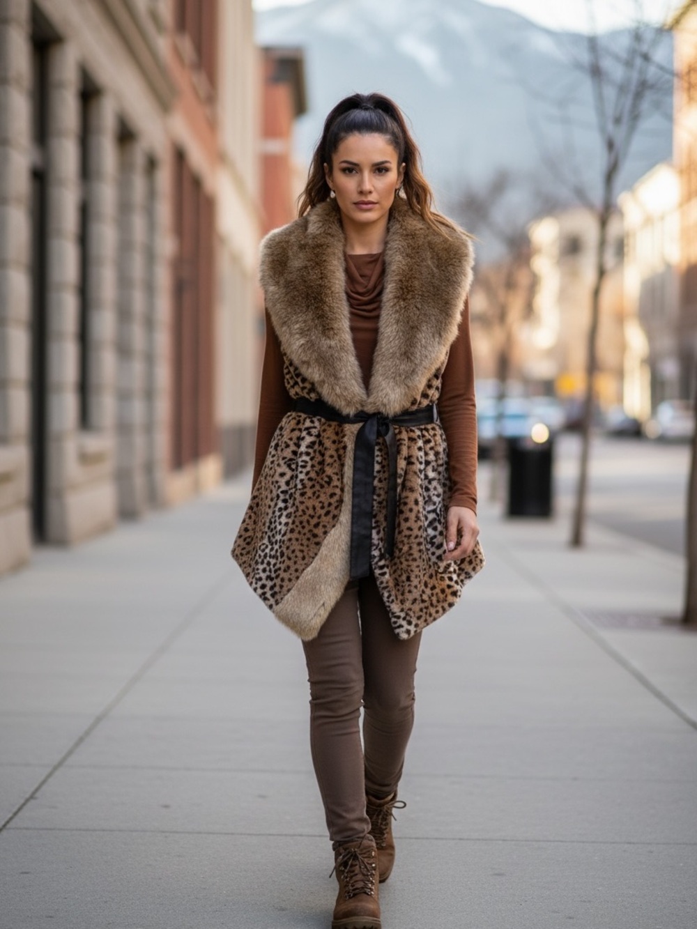 Leopard print Faux Fur belted Vest with Wide Shawl Collar - Brown by Faux Frenzi